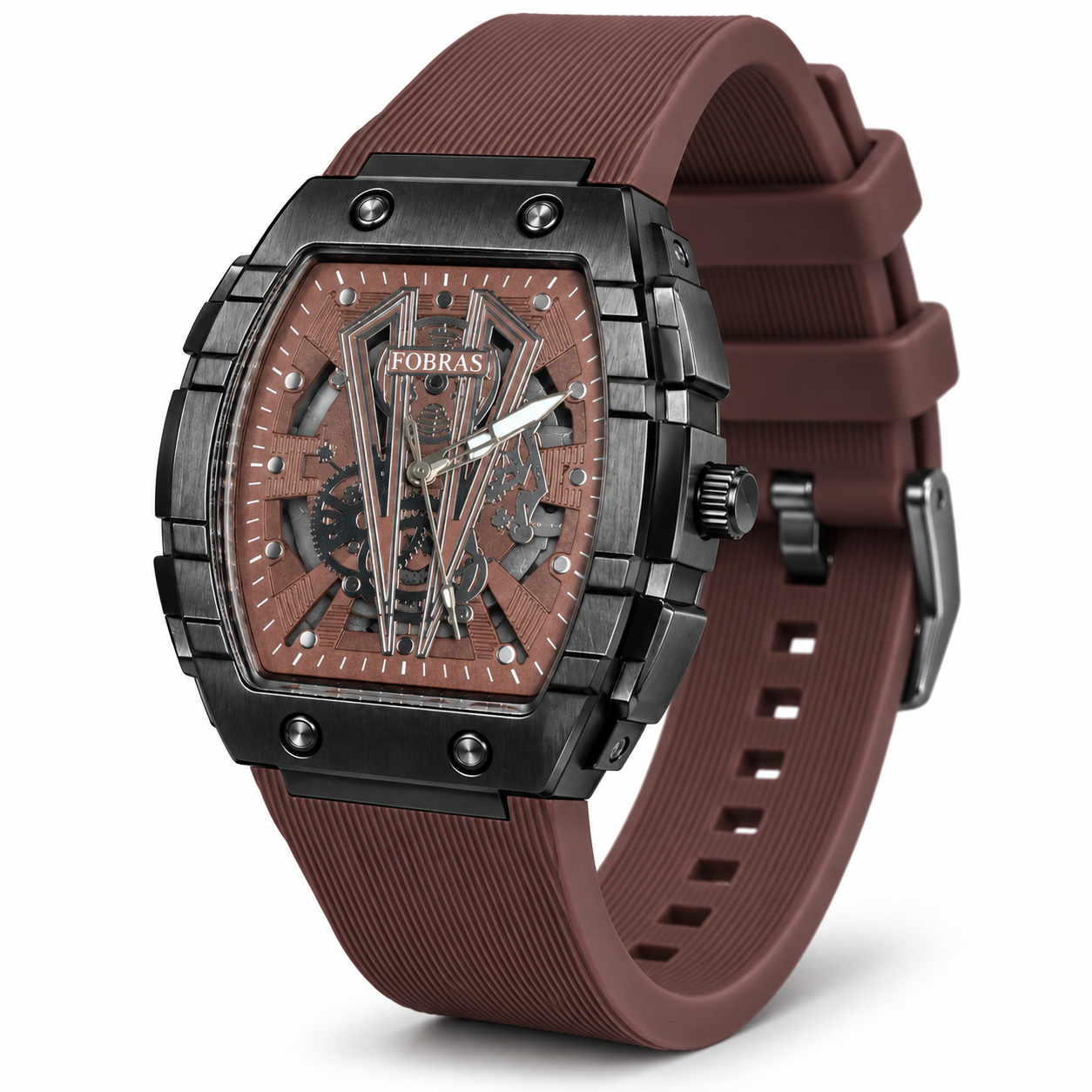 FOBRAS Men's Black Tonneau Analog Watch with Brown Silicone Strap