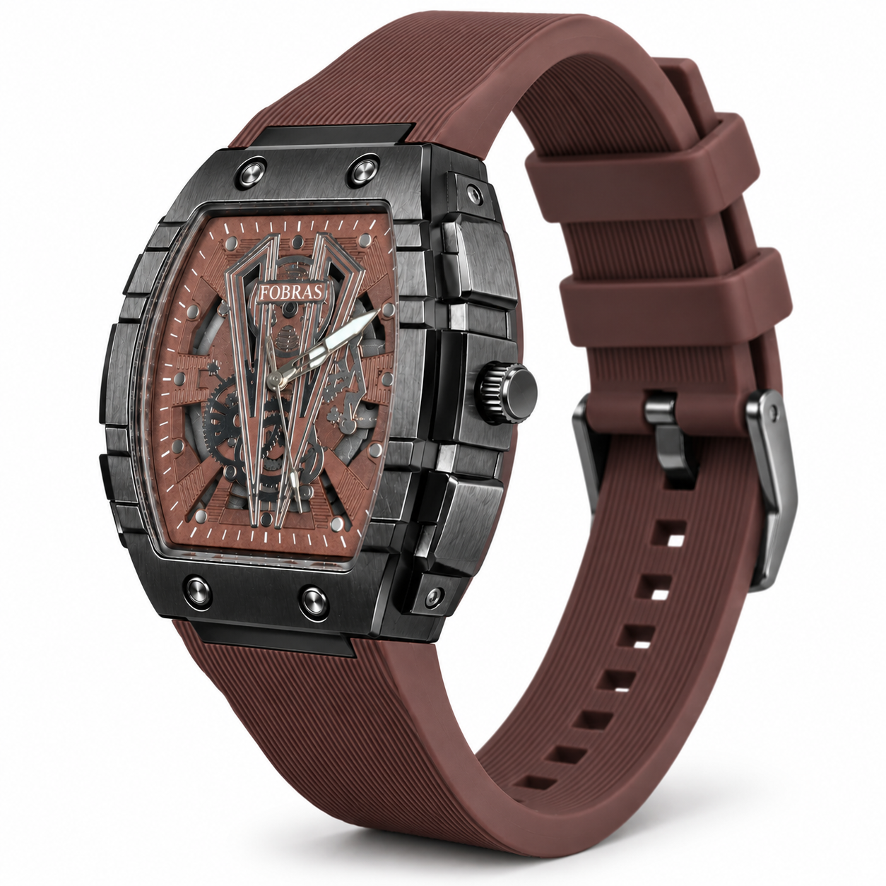 FOBRAS Men's Black Tonneau Analog Watch with Brown Silicone Strap