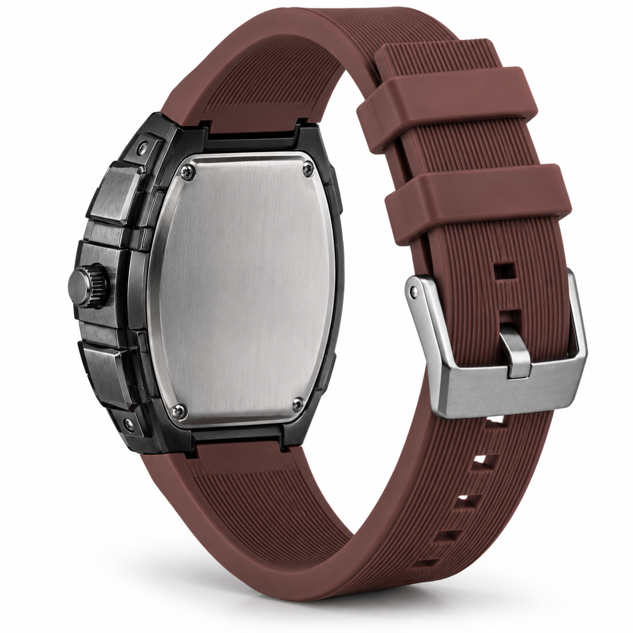 FOBRAS Men's Black Tonneau Analog Watch with Brown Silicone Strap