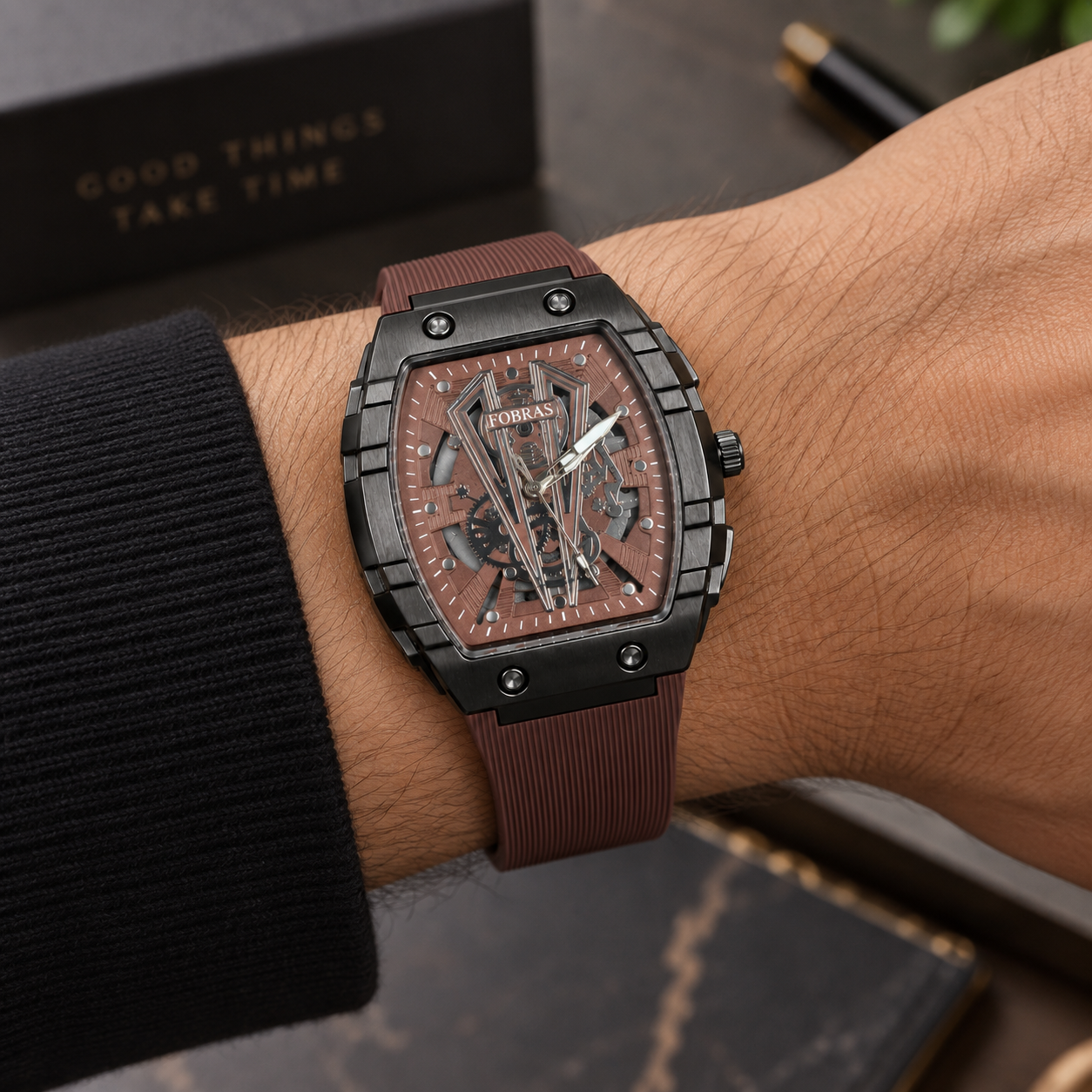 FOBRAS Men's Black Tonneau Analog Watch with Brown Silicone Strap