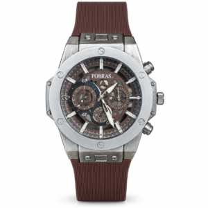 FOBRAS Men’s Silver-Tone Brown Dial Chronograph-Style Analog Watch with Brown Silicone Strap