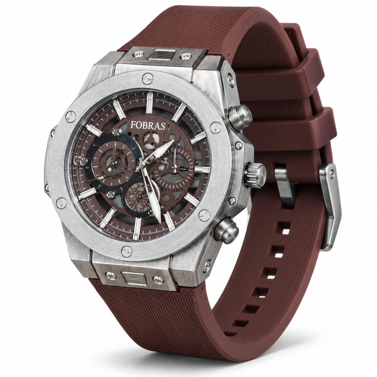 FOBRAS Men's Silver-Tone Brown Dial Chronograph-Style Analog Watch with Brown Silicone Strap