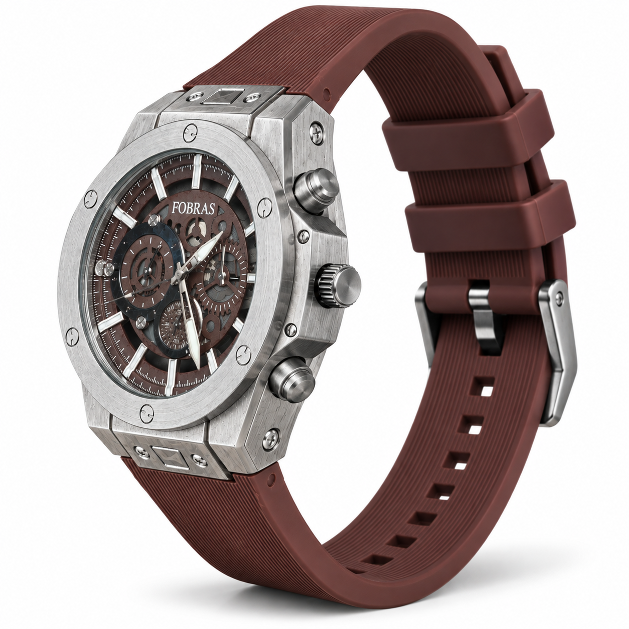 FOBRAS Men's Silver-Tone Brown Dial Chronograph-Style Analog Watch with Brown Silicone Strap