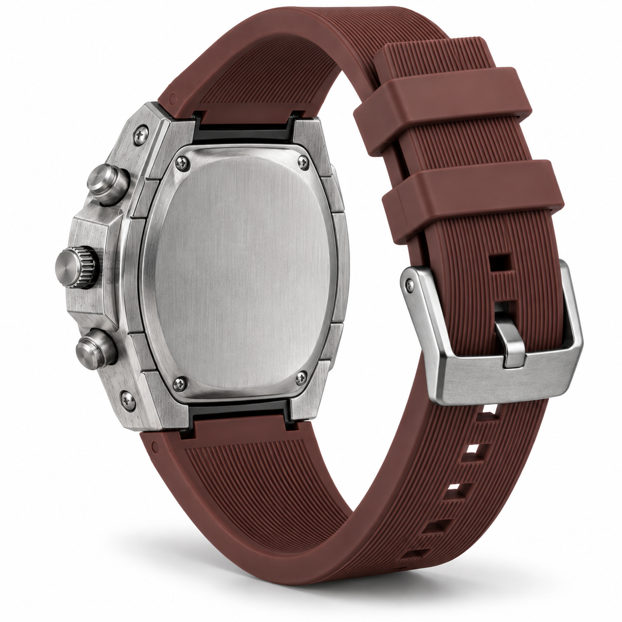 FOBRAS Men's Silver-Tone Brown Dial Chronograph-Style Analog Watch with Brown Silicone Strap