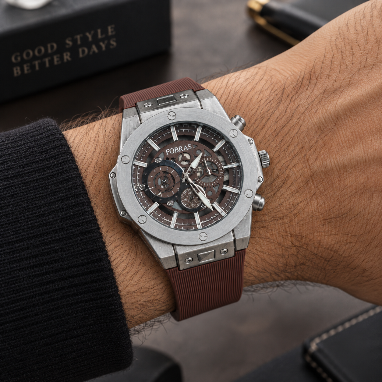 FOBRAS Men's Silver-Tone Brown Dial Chronograph-Style Analog Watch with Brown Silicone Strap