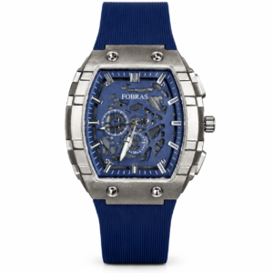 FOBRAS Men’s Silver-Tone Blue Skeleton-Style Analog Watch with Blue Silicone Strap
