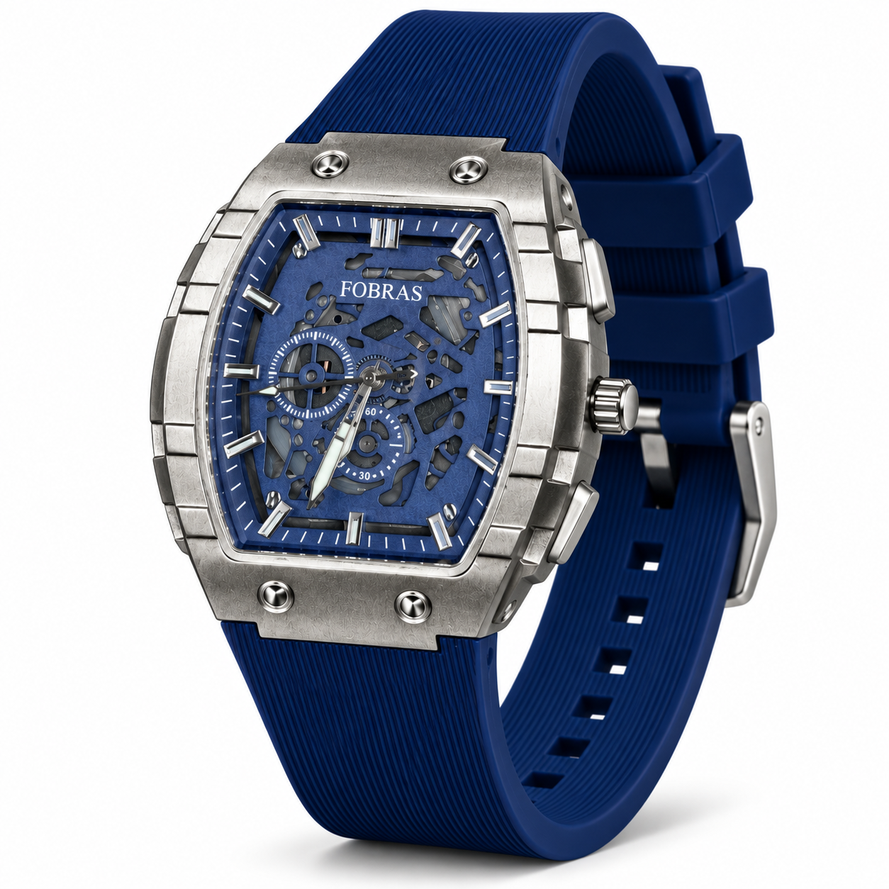 FOBRAS Men's Silver-Tone Blue Skeleton-Style Analog Watch with Blue Silicone Strap