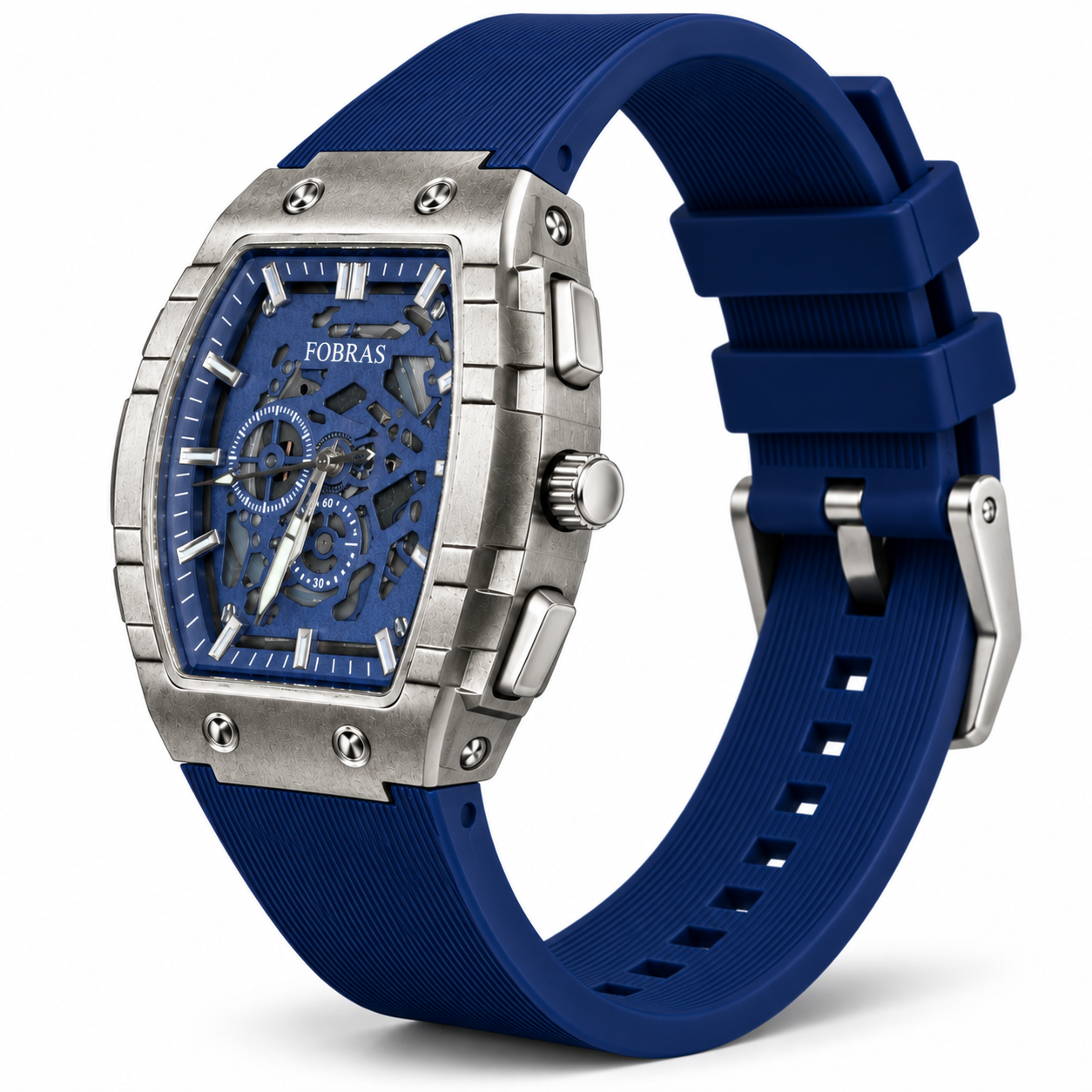 FOBRAS Men's Silver-Tone Blue Skeleton-Style Analog Watch with Blue Silicone Strap