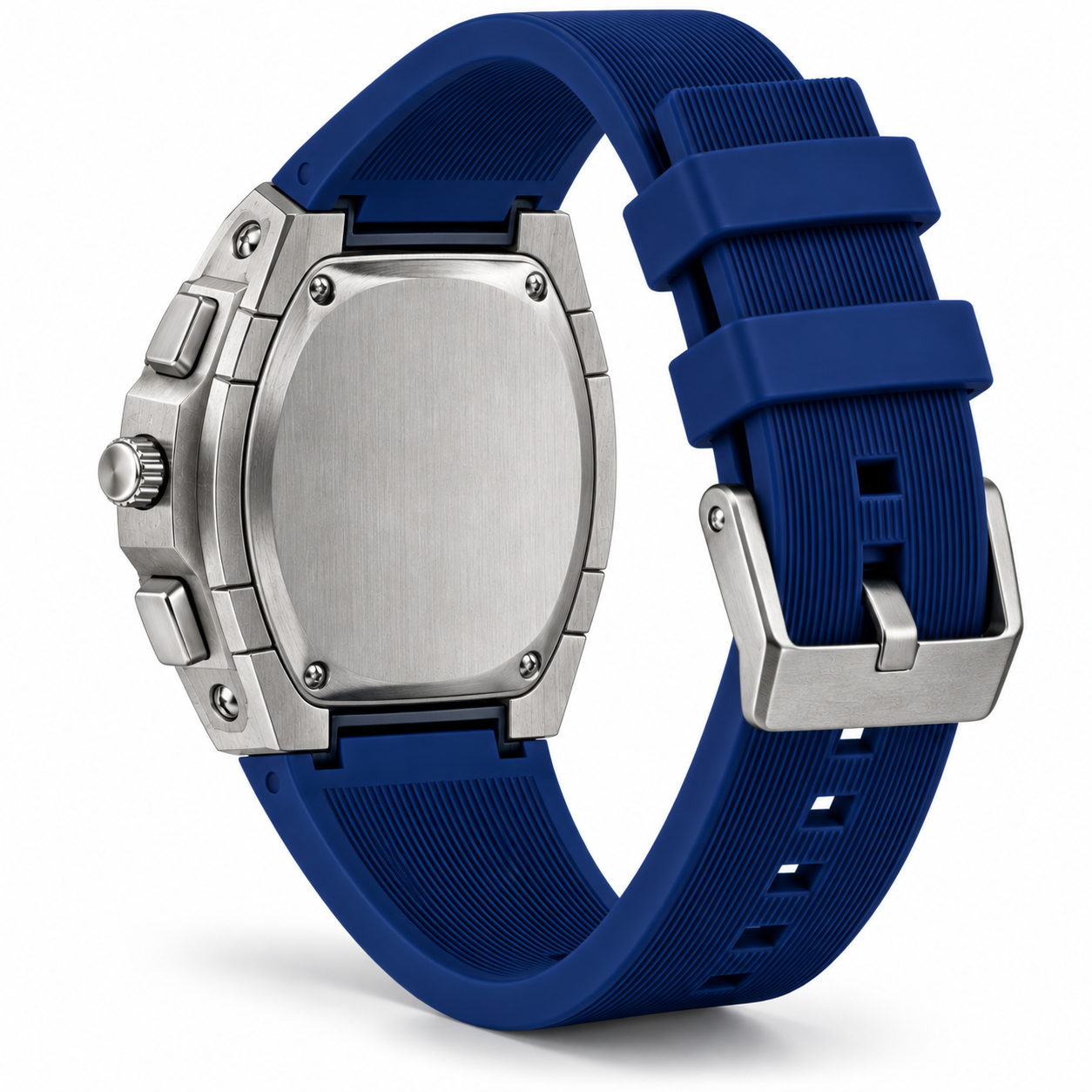 FOBRAS Men's Silver-Tone Blue Skeleton-Style Analog Watch with Blue Silicone Strap