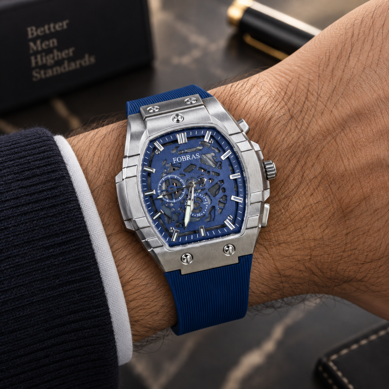 FOBRAS Men's Silver-Tone Blue Skeleton-Style Analog Watch with Blue Silicone Strap