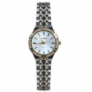 Roshnal Women’s Luxury Analog Quartz Watch – Silver & Gold Tone Crystal Bezel