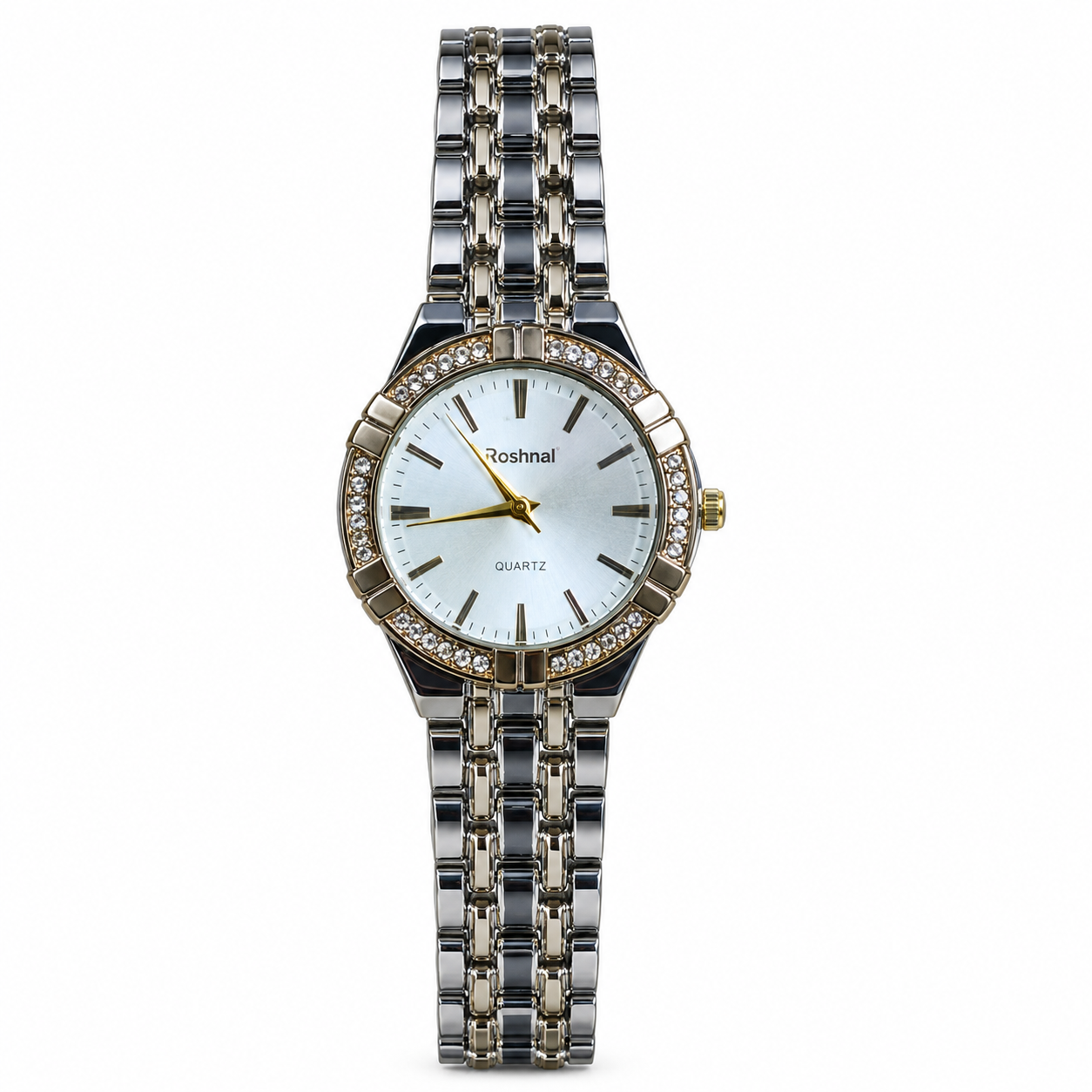 Roshnal Women's Luxury Analog Quartz Watch – Silver & Gold Tone Crystal Bezel