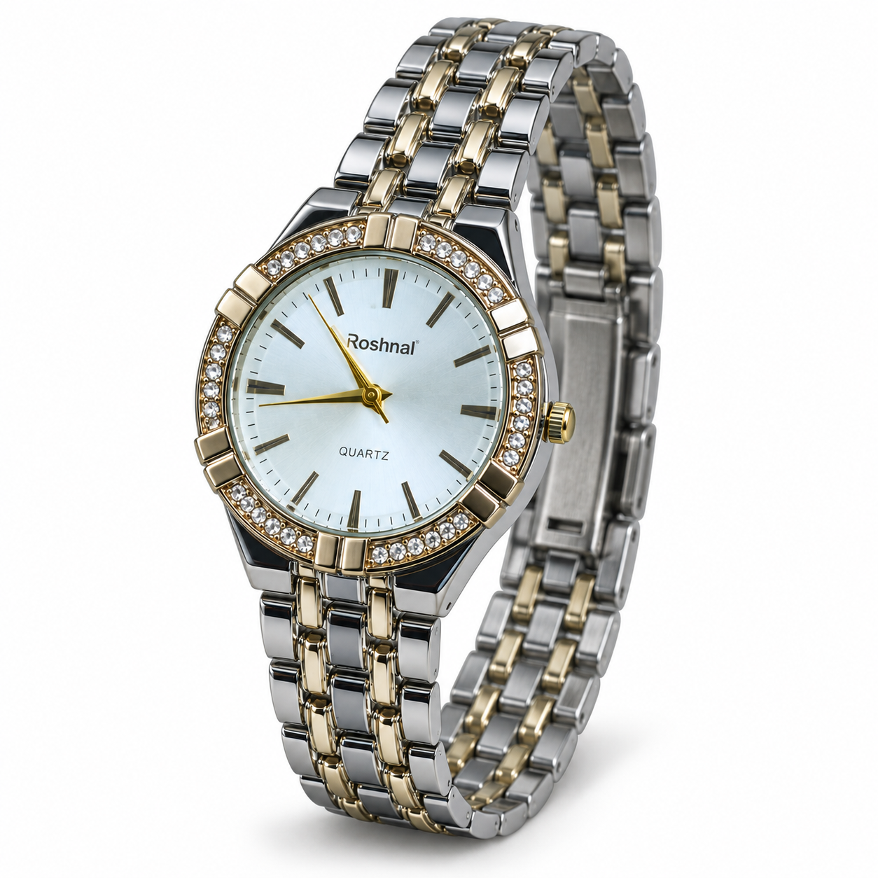 Roshnal Women's Luxury Analog Quartz Watch – Silver & Gold Tone Crystal Bezel