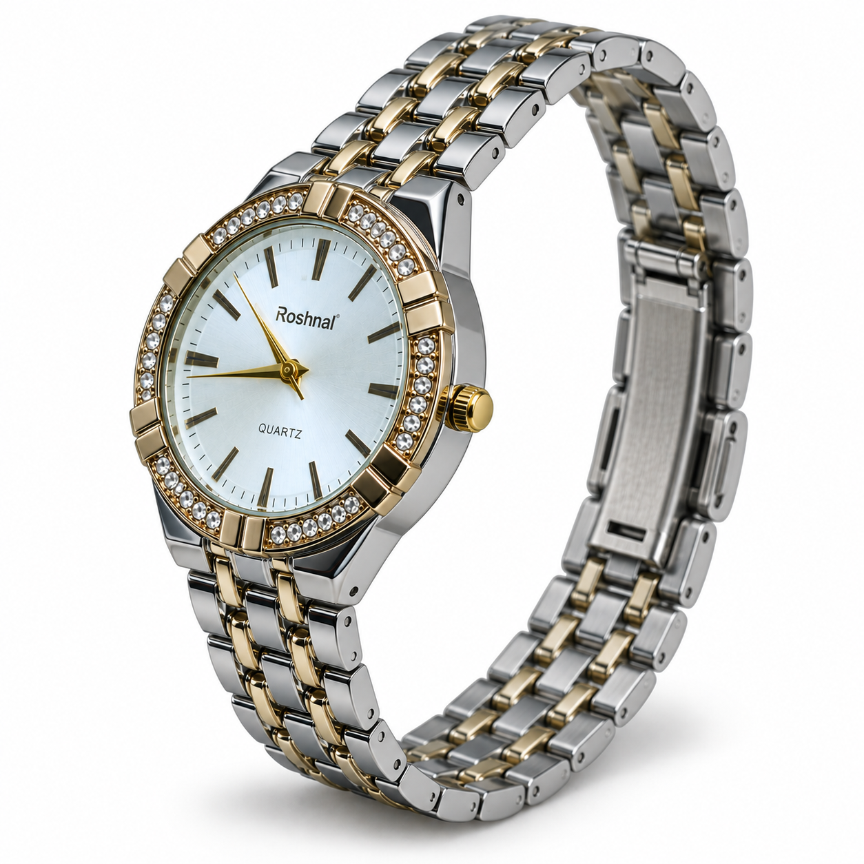 Roshnal Women's Luxury Analog Quartz Watch – Silver & Gold Tone Crystal Bezel