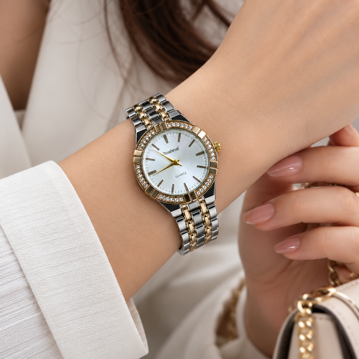 Roshnal Women's Luxury Analog Quartz Watch – Silver & Gold Tone Crystal Bezel